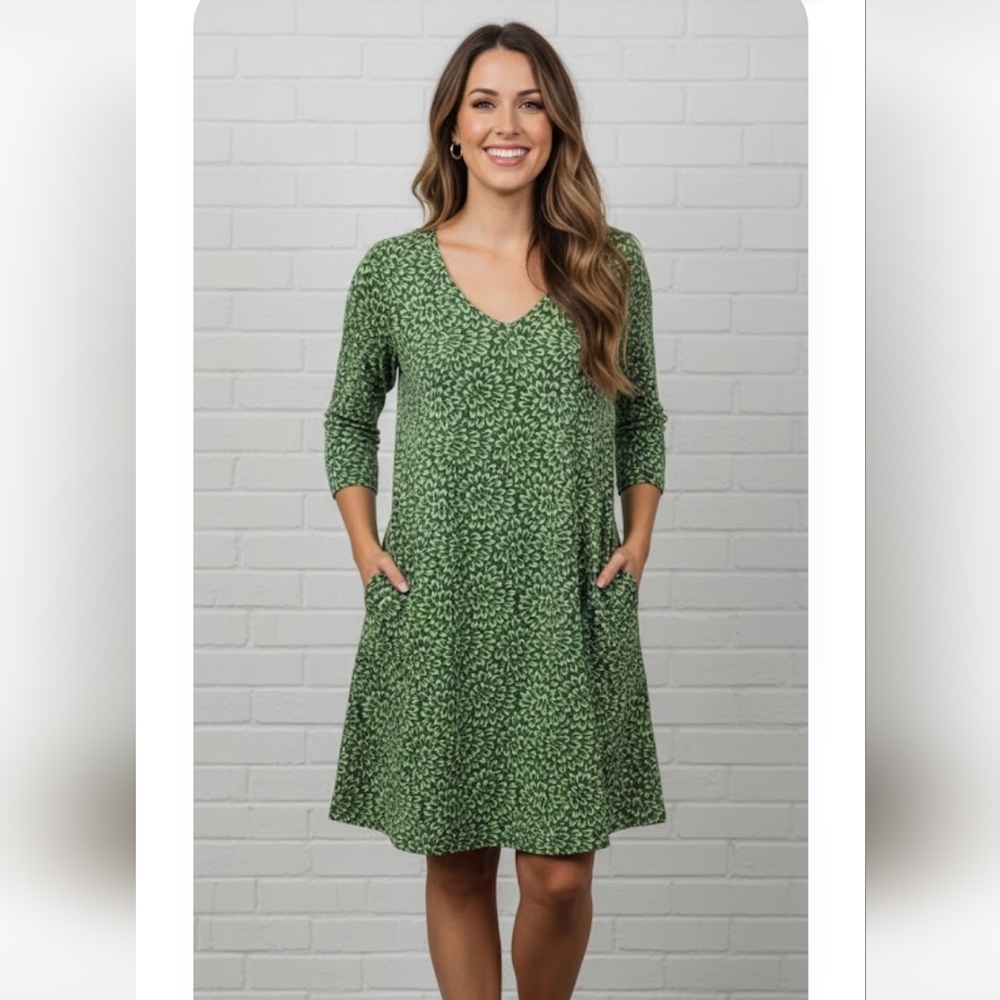 New Directions Dress Green Retro Floral Boho Shift Hippie L